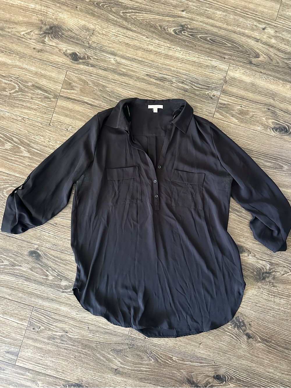 Pleione Black Button-Front Roll-Tab Blouse